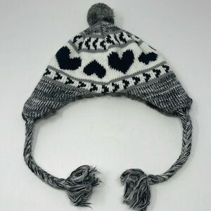Knit Beanie Hat with Ear Flaps. Top Pom Pom. Hearts. Faux Fur.